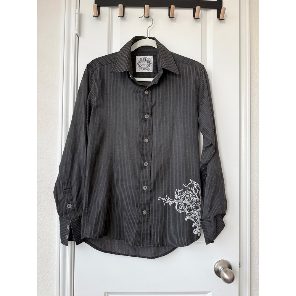 Men's Charcoal Gray Pinstripe Graphic Goth Rock Emo Punk Button Down Shirt S